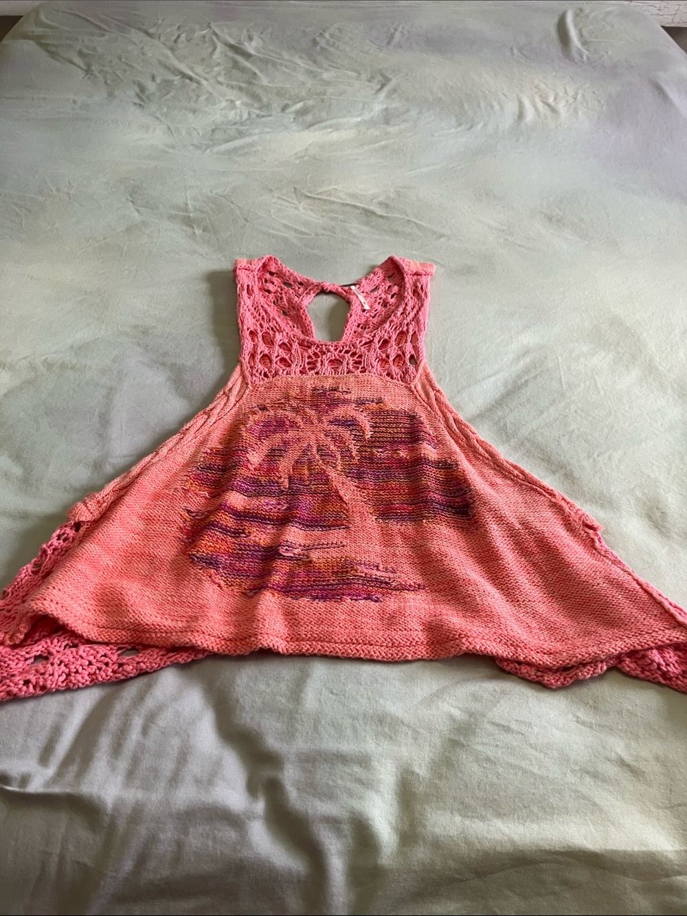 Free People Coral Pink Crochet Palm Tree Tank